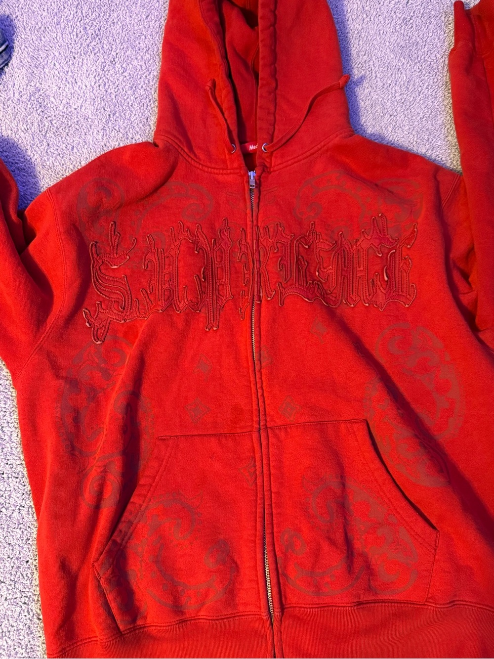 Supreme Red Zip-Up Hoodie with Embroidered Detail